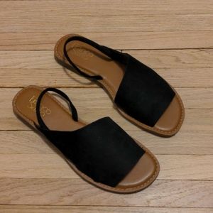 Franco Sarto slide-on flat sandals w/ ankle strap
